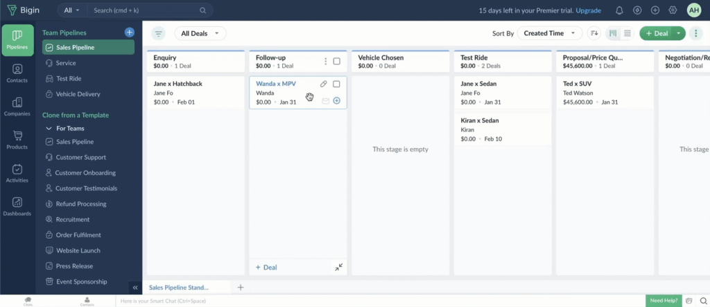 bigin crm sales pipeline