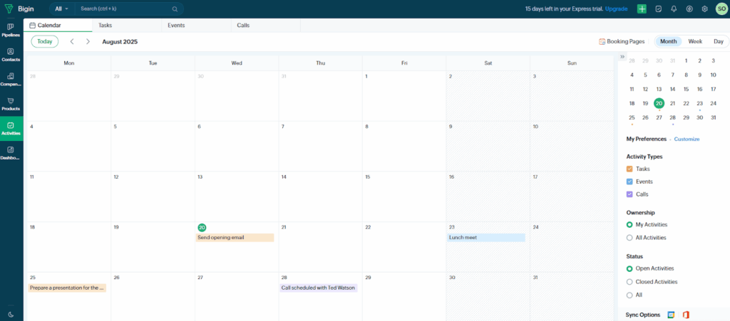 bigin crm activities calendar