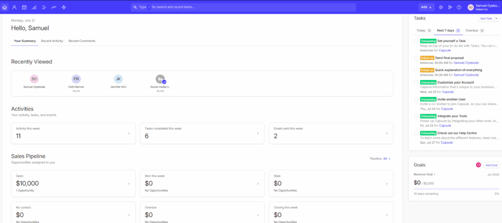 capsule crm home page