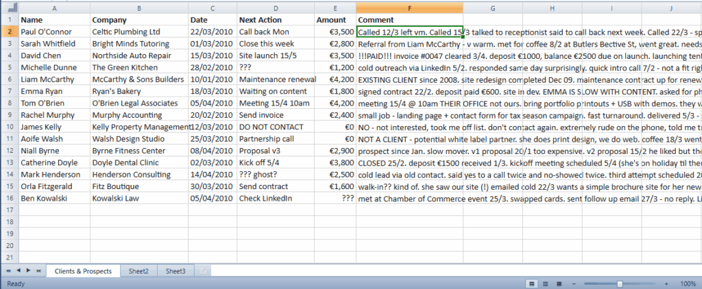 CRM in an Excel sheet