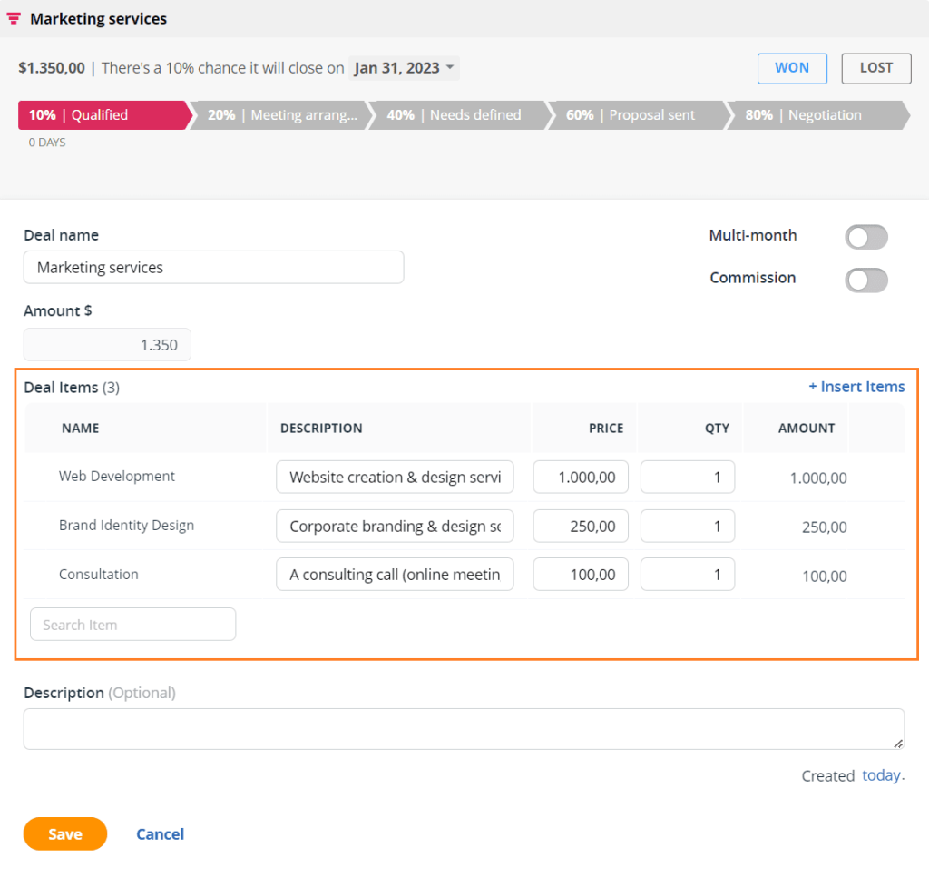 creating items in sales deals within CRM