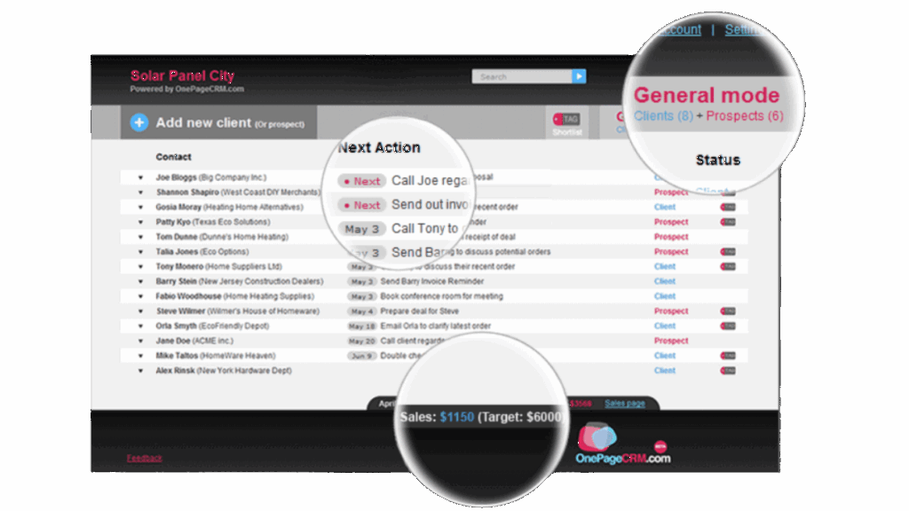 Screenshot of early OnePageCRM interface