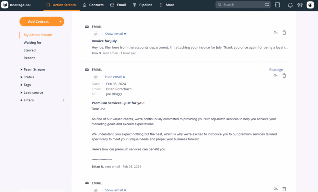 email timeline in an email crm
