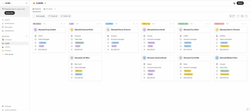 folk crm leads pipeline