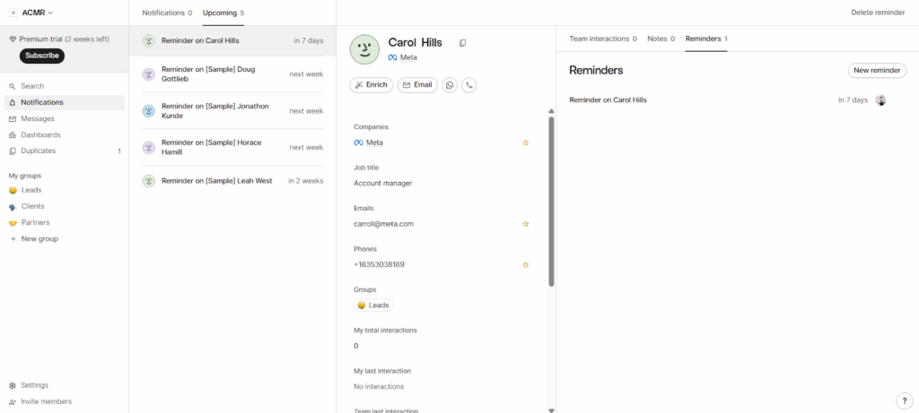 list of reminders in folk crm