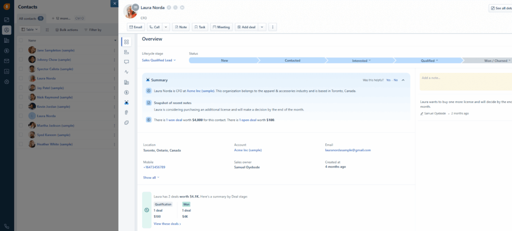 freshsales crm full contact profile