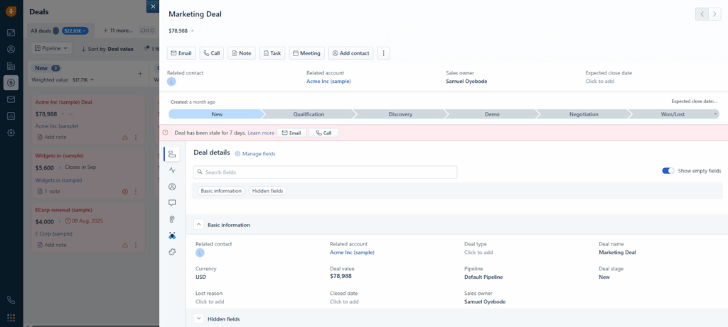 freshsales crm deal page