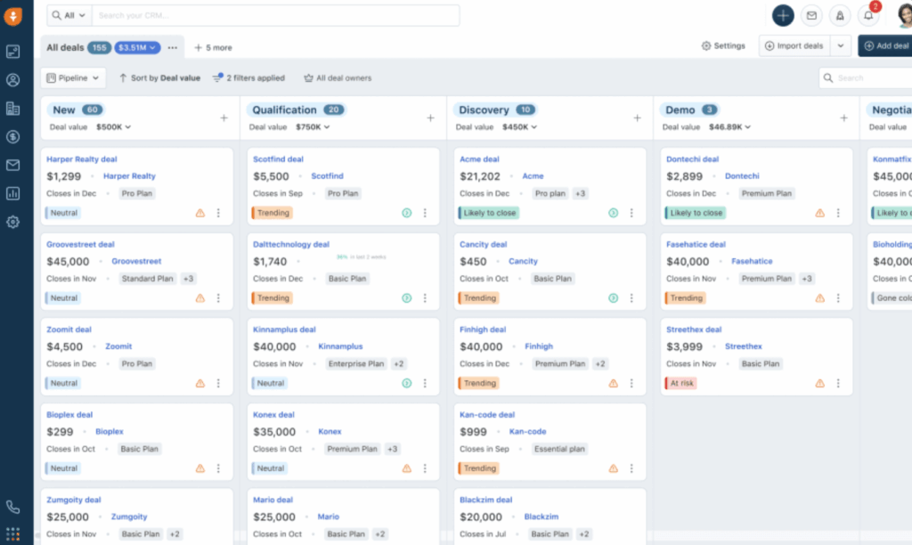 freshsales crm deals in kanban pipeline