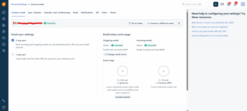 freshsales crm email sync settings