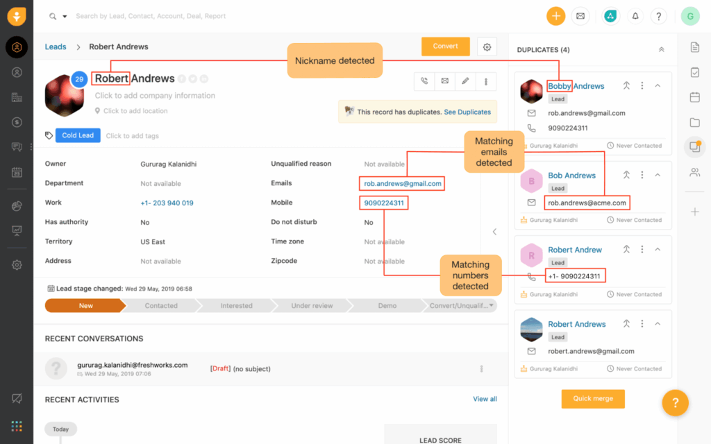 merge duplicates in freshsales crm