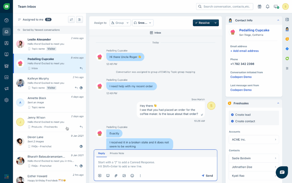 freshsales crm team inbox