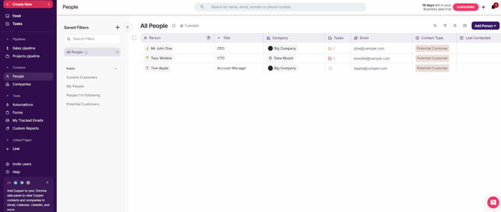 copper crm main page