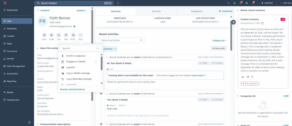 hubspot crm full contact profile