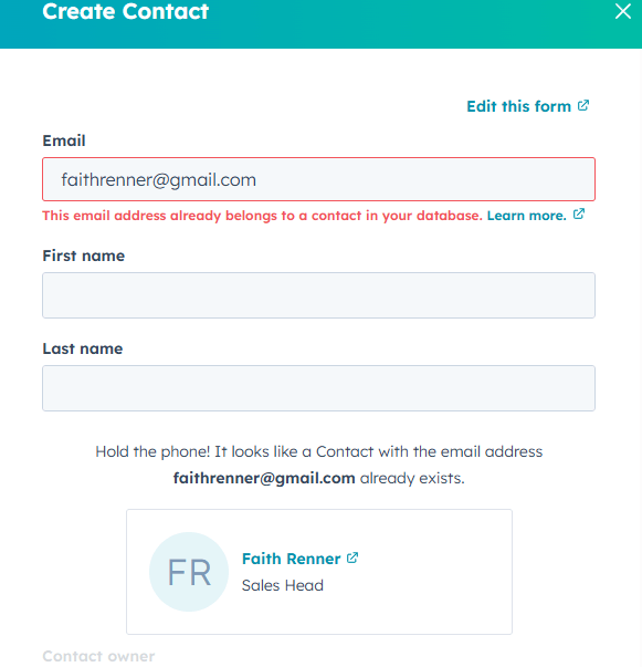 hubspot crm duplicate alert