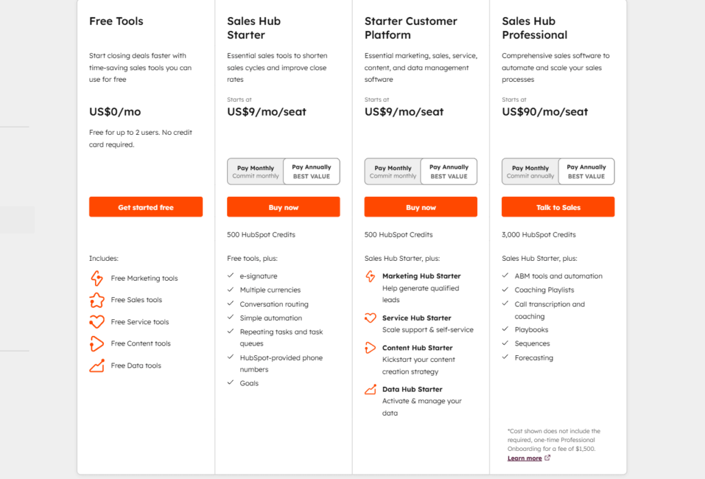 hubspot crm pricing plans