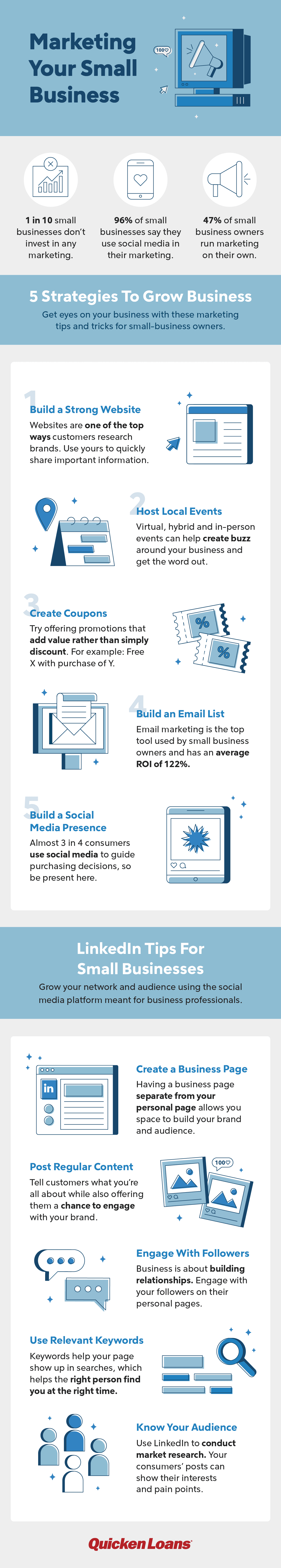 Marketing tips infographics: 5 strategies to grow your business and LinkedIn tips for small business