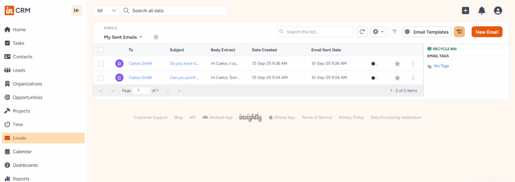 insightly crm email records