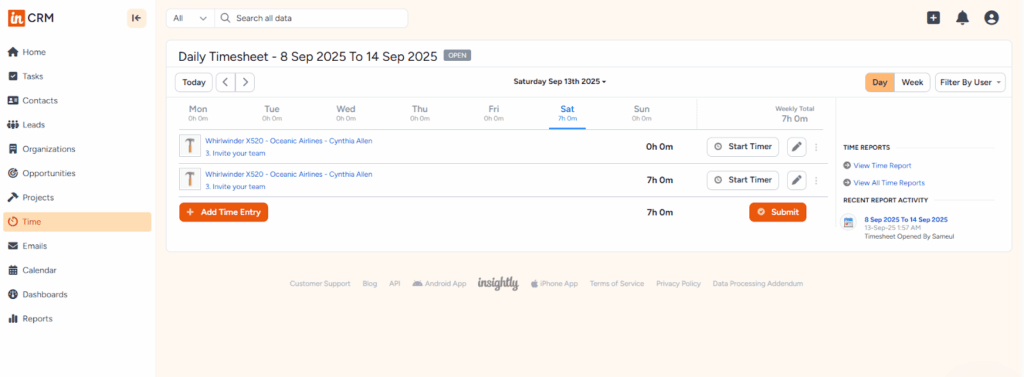 insightly crm time tracker