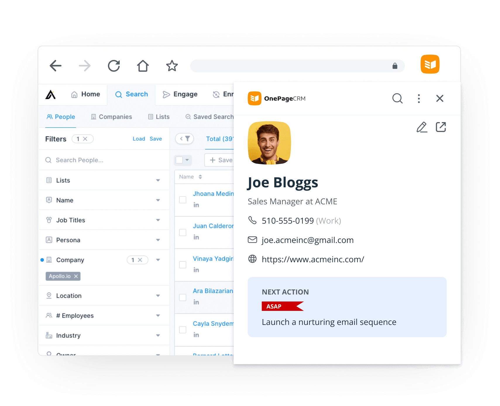 capture contacts from apollo into onepagecrm