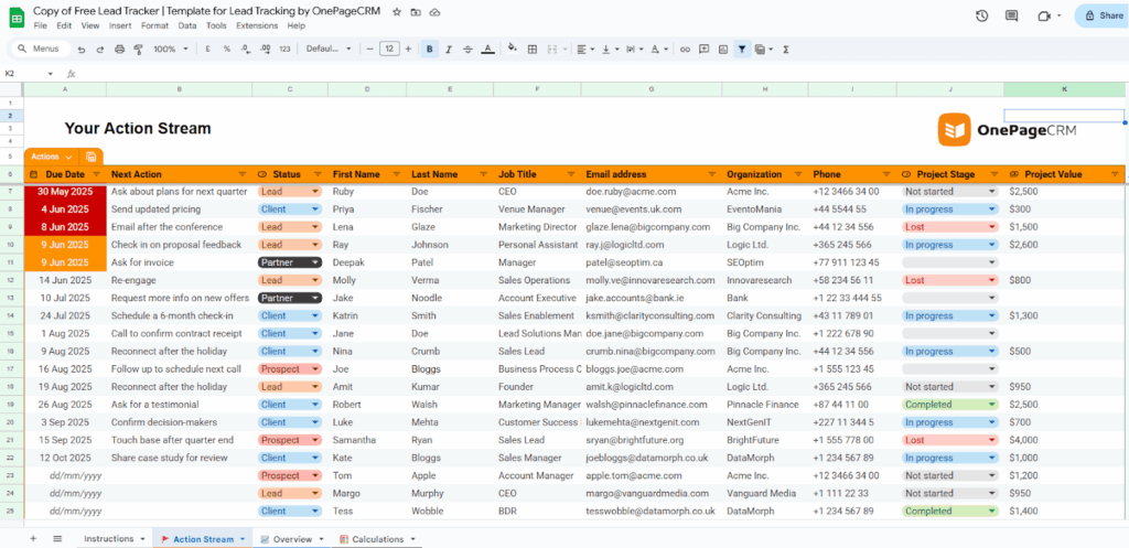 free lead management template by onepagecrm
