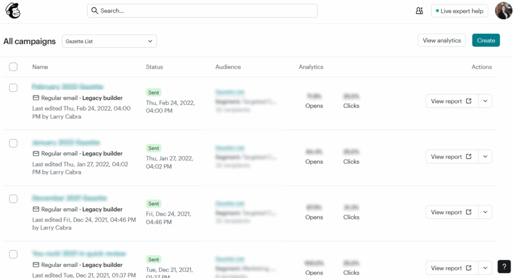 marketing campaign list in mailchimp