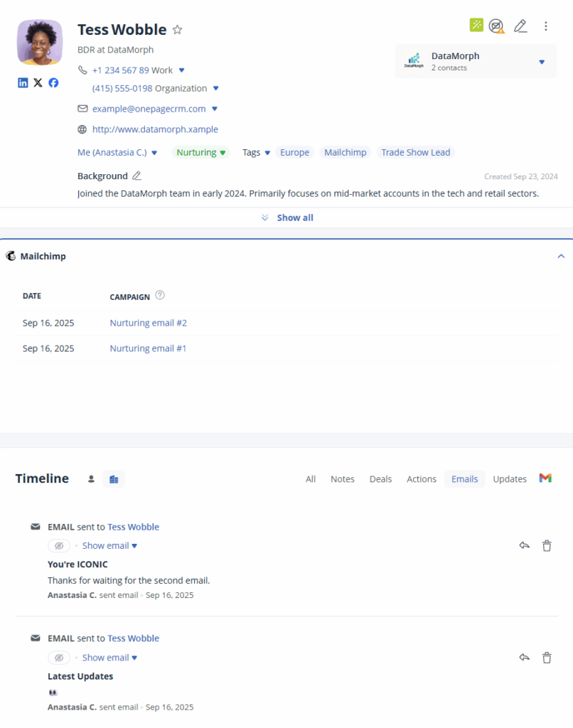 mailchimp email history visible in onepagecrm