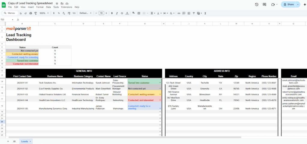 free lead tracker template by Mailparser