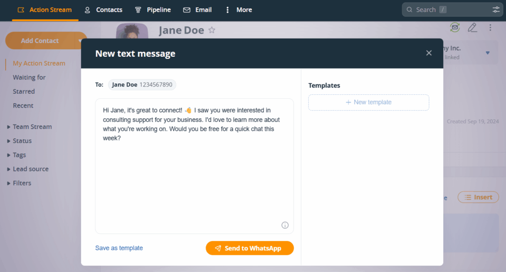 whatsapp message templates in onepagecrm