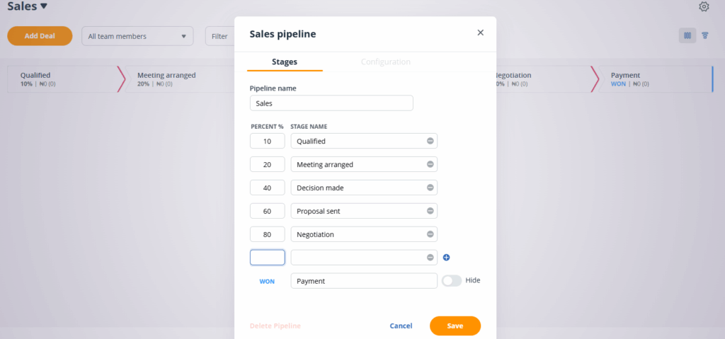 customize pipeline in onepagecrm