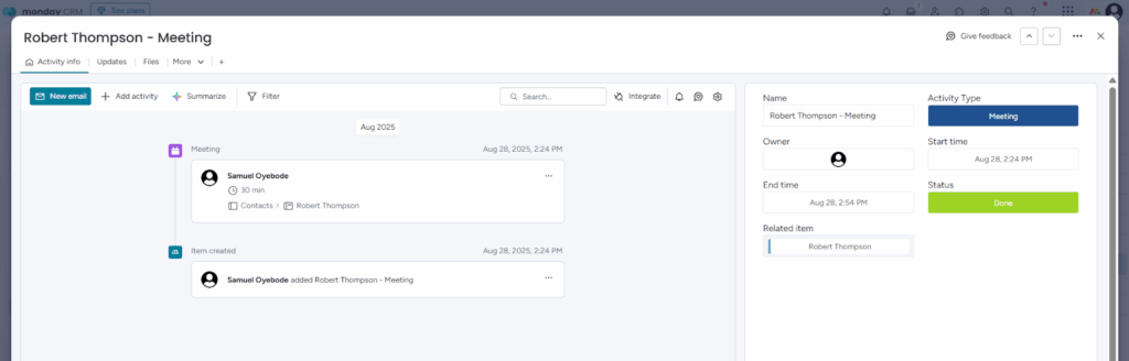monday crm activity details