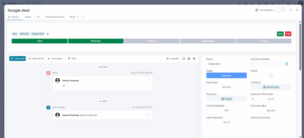 monday crm deal information