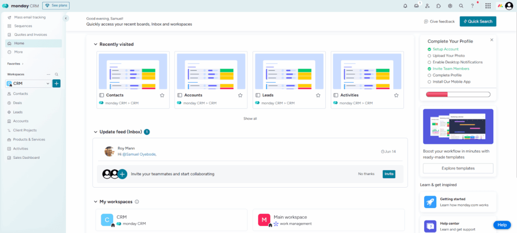 monday crm home page