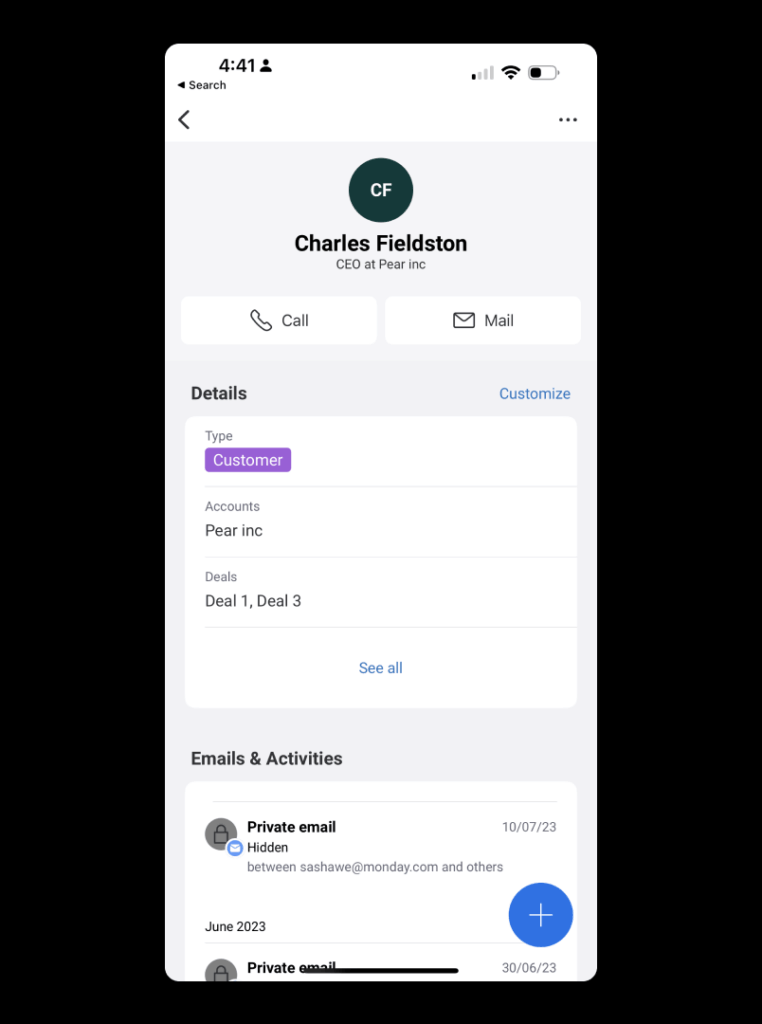 contact profile in monday mobile crm