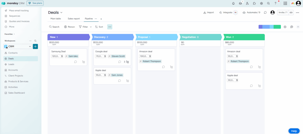 monday crm deals in kanban pipeline