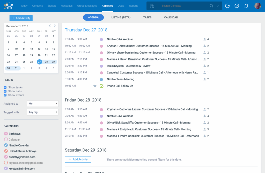 list of activities in nimble crm