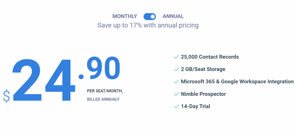 nimble crm single pricing plan