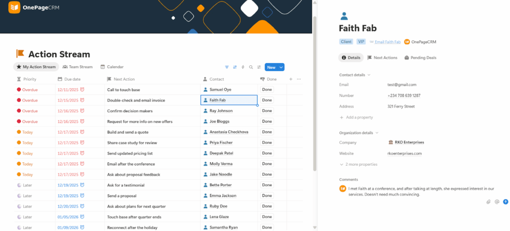 contact profile in notion crm action stream