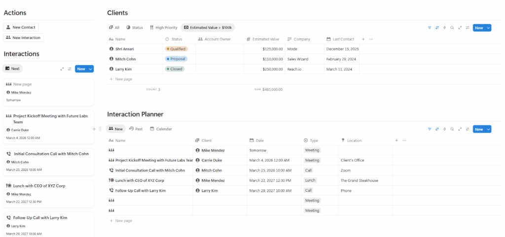 client list notion crm main page