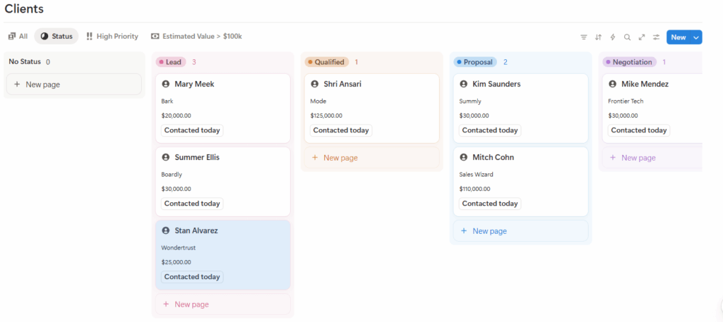 client list notion crm pipeline