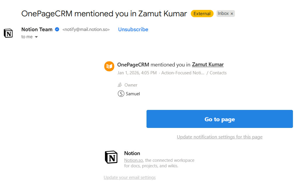 email notification for assignment in notion crm template