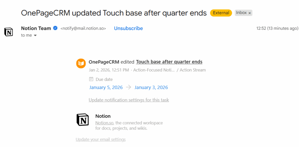 email notification for deadlines in notion crm template