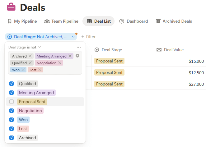 segment sales deals in notion crm template