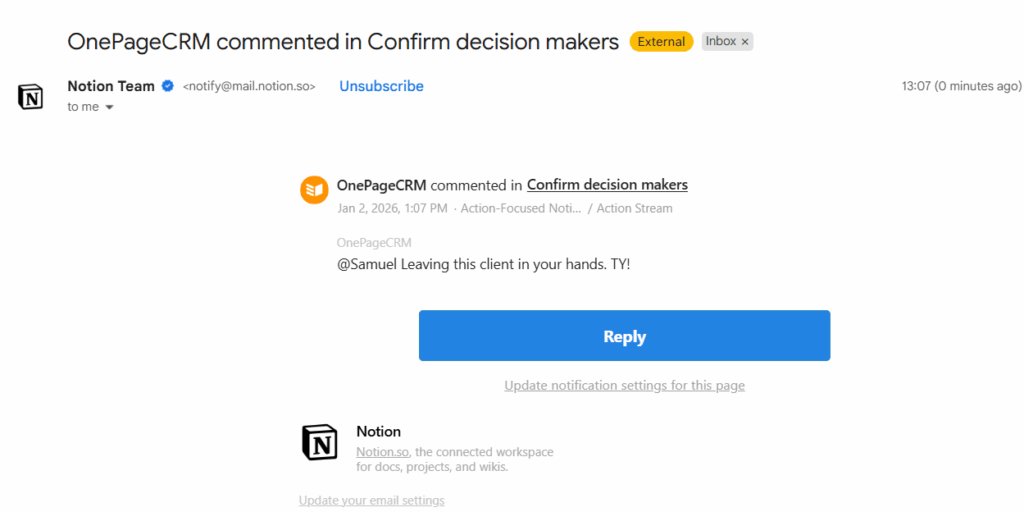 email notification for mentions in notion crm template
