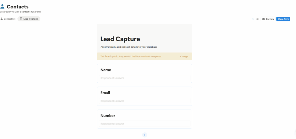 form for capturing leads in notion crm template