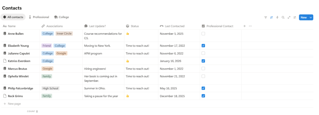 personal notion crm main page