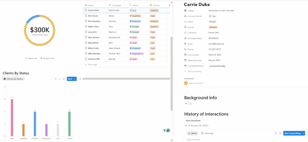 notion sales crm split screen