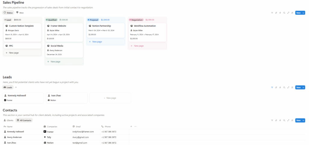 notion crm tracker main page