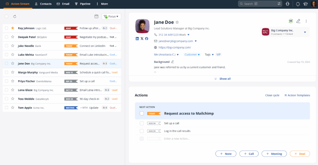 OnePageCRM software for small business sales and contact management