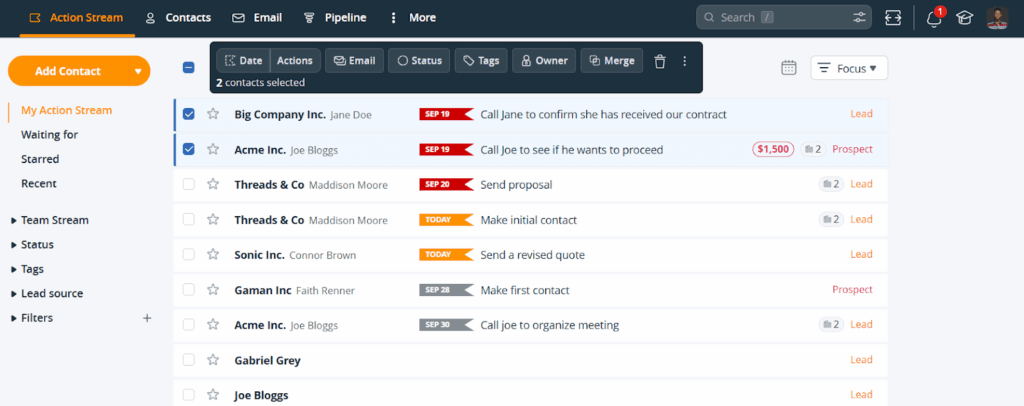 onepagecrm prioritized list of contacts