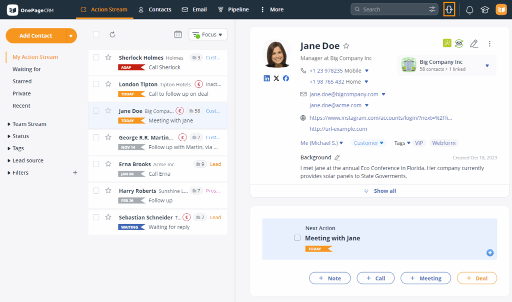 onepagecrm centralized workspace